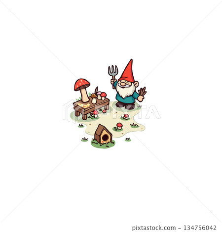 Whimsical garden gnome tending mushroom patch beside tiny table illustration conveys lighthearted Whimsical garden gnome tending mushroom patch beside tiny table illustration conveys lighthearted 134756042