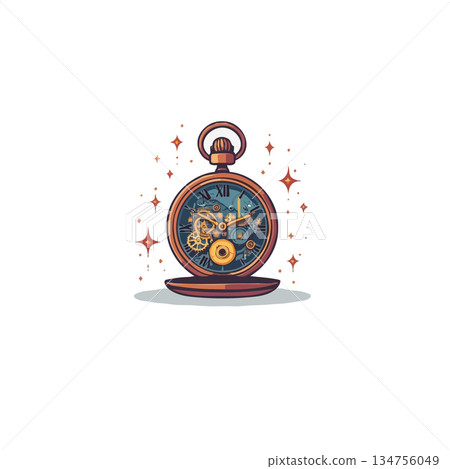Intricate mechanism of a steampunk clock face showcasing gears and components with a starry 134756049