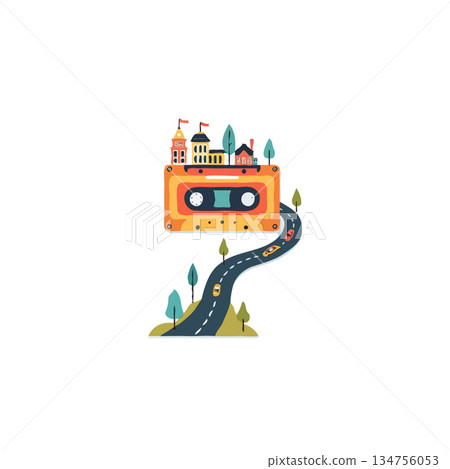 Musical journey illustration featuring a tape cassette city with a winding road concept exploring 134756053