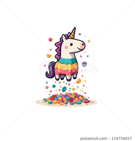 Enchanting Unicorn with Rainbow Mane Amidst a Shower of Colorful Candies and Joyful Celebration Enchanting Unicorn with Rainbow Mane Amidst a Shower of Colorful Candies and Joyful Celebration 134756057