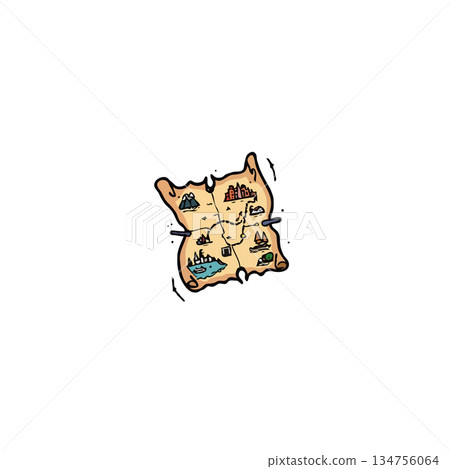 A whimsically illustrated treasure map featuring diverse terrains promises adventure and discovery A whimsically illustrated treasure map featuring diverse terrains promises adventure and discovery 134756064