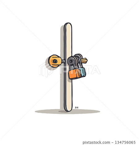 Humorous depiction of exaggerated home security measures door fortified with multiple padlocks for 134756065