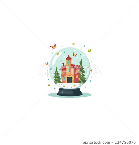 Whimsical winter wonderland: A charming snow globe scene with a cozy house and fluttering creatures Whimsical winter wonderland: A charming snow globe scene with a cozy house and fluttering creatures 134756076