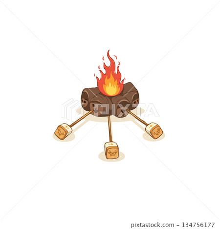 Cartoon illustration displaying a bonfire with cheerful marshmallows ready for roasting a playful Cartoon illustration displaying a bonfire with cheerful marshmallows ready for roasting a playful 134756177