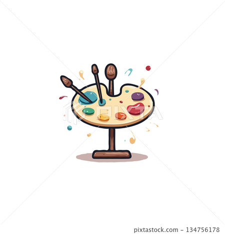 Stylized artist's palette with vibrant paints and scattered splashes in a whimsical design Stylized artist's palette with vibrant paints and scattered splashes in a whimsical design 134756178