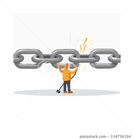 Cartoon illustration portraying a construction worker diligently mending a metal chain, 134756184