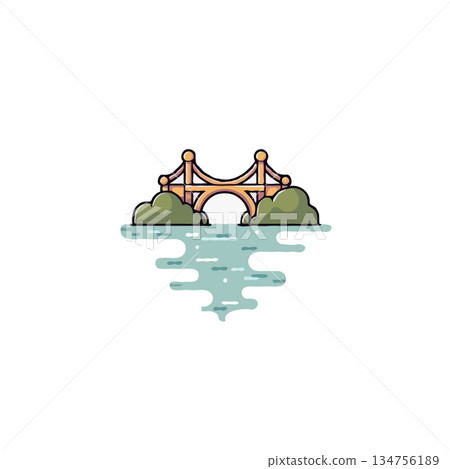 Stylized bridge scenery illustration crossing a body of water with nature elements artistic Stylized bridge scenery illustration crossing a body of water with nature elements artistic 134756189