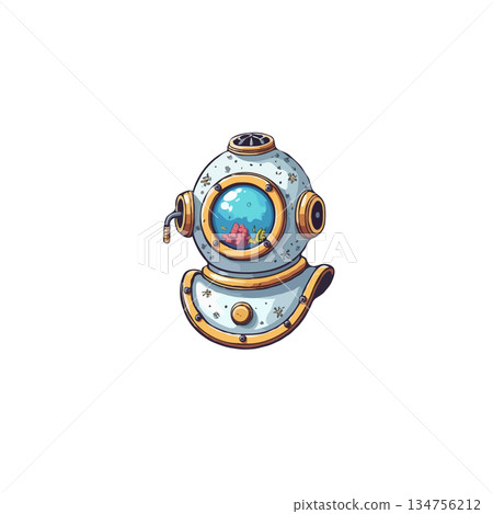 Whimsical aquatic adventure illustration with vintage diving helmet and underwater scene peering Whimsical aquatic adventure illustration with vintage diving helmet and underwater scene peering 134756212