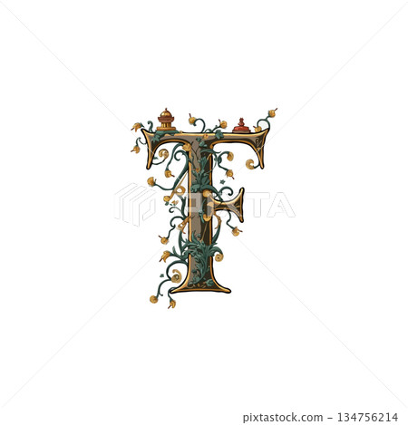 Intricate floral letter 'T' design evokes classic elegance with botanical ornamentation and Intricate floral letter 'T' design evokes classic elegance with botanical ornamentation and 134756214