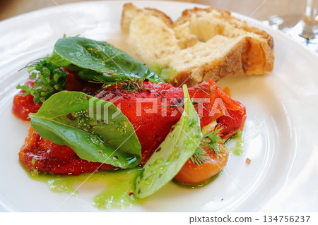 Cold vegetable appetizer, cottage cheese and red pepper salad with olive oil sauce 134756237
