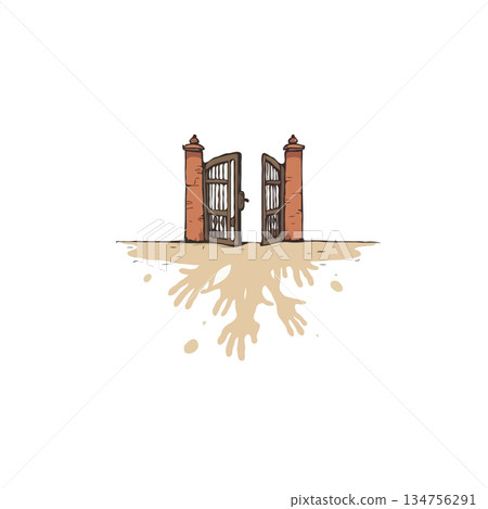 Mysterious open gate casting hand shadows beckoning journey within unknown possibilities Mysterious open gate casting hand shadows beckoning journey within unknown possibilities 134756291