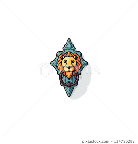 Whimsical guardian: detailed lion head door knocker illustration casting a subtle shadow against a Whimsical guardian: detailed lion head door knocker illustration casting a subtle shadow against a 134756292