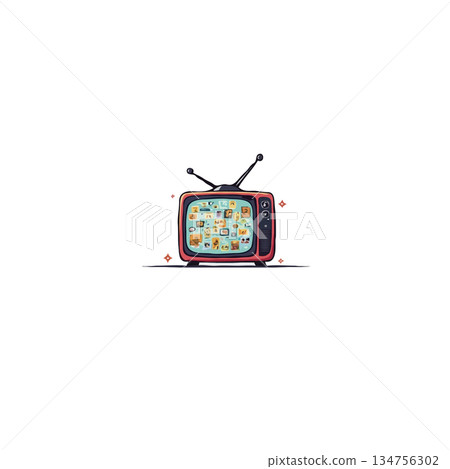 Retro television with a collage of modern and diverse media symbols represents digital connection Retro television with a collage of modern and diverse media symbols represents digital connection 134756302