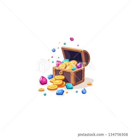 Animated treasure chest overflowing with gleaming gold coins and colourful gemstones for playful 134756308