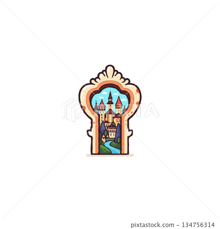 Magical kingdom glimpse through decorative keyhole, whimsical fairytale scene reveals serene 134756314