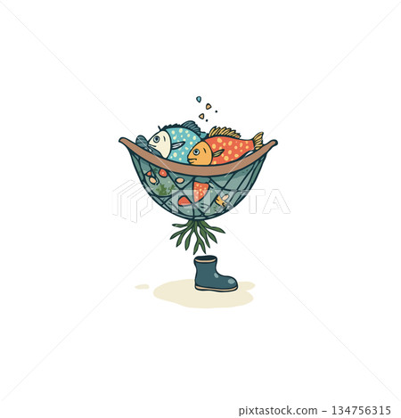 Whimsical depiction of fish caught in a net above a boot in a playful illustration style Whimsical depiction of fish caught in a net above a boot in a playful illustration style 134756315