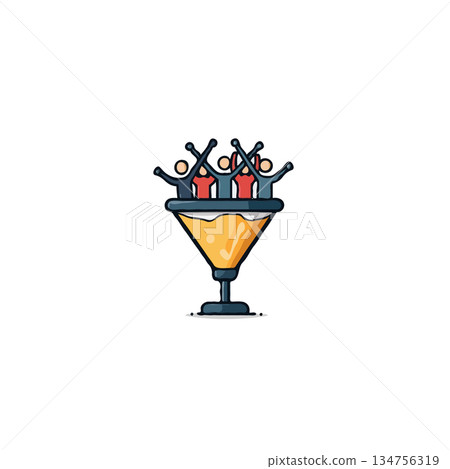 Abstract concept of team success: People cheering atop a funnel representing achievement through Abstract concept of team success: People cheering atop a funnel representing achievement through 134756319