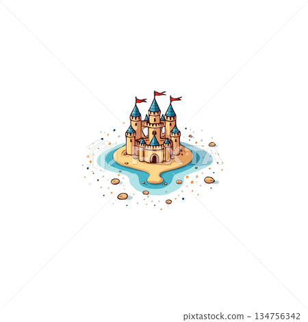 Whimsical fortress illustration, sandy islet dream, spires against cloudless sky, evoking Whimsical fortress illustration, sandy islet dream, spires against cloudless sky, evoking 134756342