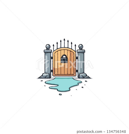 Enigmatic portal with imposing gate design hinting at hidden realms beyond watery surface mystery 134756348
