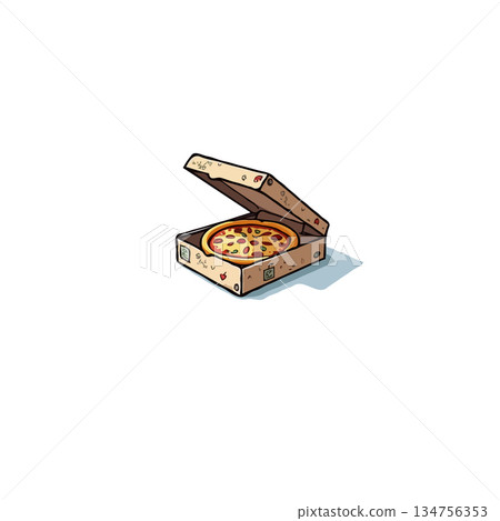 Stylized depiction of a delicious pizza inside a box offering a culinary invitation with takeout Stylized depiction of a delicious pizza inside a box offering a culinary invitation with takeout 134756353