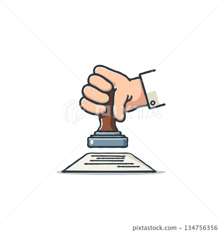Hand stamping a document conveying validation authority and approval in an illustration Hand stamping a document conveying validation authority and approval in an illustration 134756356