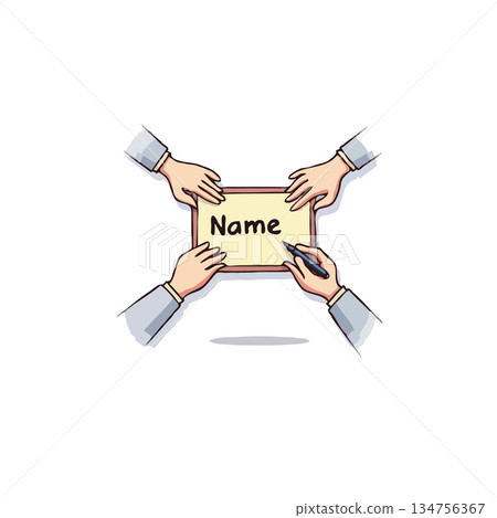 Four hands collaboratively holding a sign with the word name being written during conference for Four hands collaboratively holding a sign with the word name being written during conference for 134756367