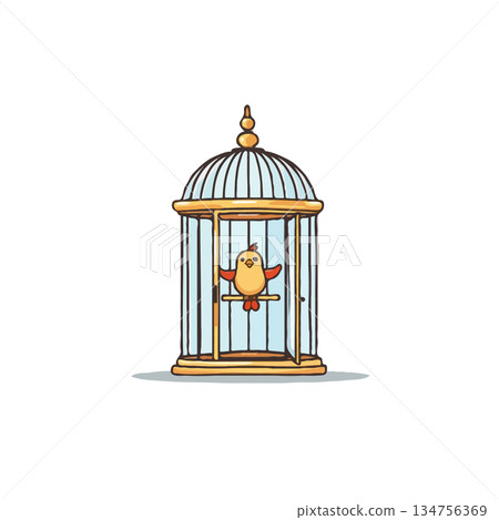 A cartoon bird rests peacefully inside a vintage ornate gold birdcage rendered with illustrative A cartoon bird rests peacefully inside a vintage ornate gold birdcage rendered with illustrative 134756369