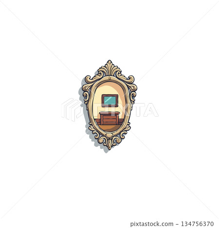 Ornate vintage mirror reflecting minimalist room interior scene enhancing space and adding 134756370