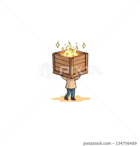 A whimsical illustration showcasing an individual carrying a radiant box aloft with flames and 134756489