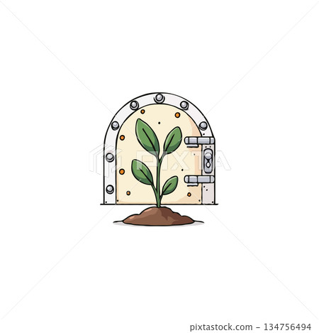 Resilient seedling sprouting through metal portal emphasizes new beginnings and unexpected growth 134756494