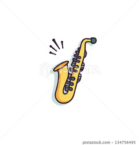 Stylized golden saxophone illustration radiating sound, conveying musical artistry, isolated on Stylized golden saxophone illustration radiating sound, conveying musical artistry, isolated on 134756495