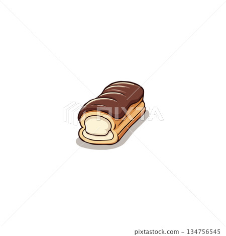 Delicious chocolate eclair illustration showcases a freshly baked pastry with creamy filling on Delicious chocolate eclair illustration showcases a freshly baked pastry with creamy filling on 134756545