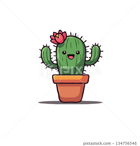 Delightful animated cactus character blossoming joyfully in a terracotta pot with friendly face 134756548