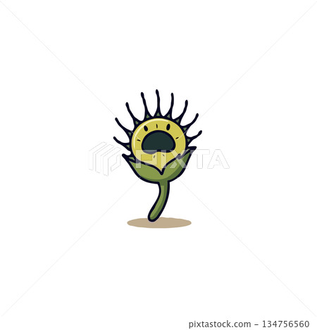 Expressive floral character with open mouth and spiky crown conveying surprise in the cartoon 134756560