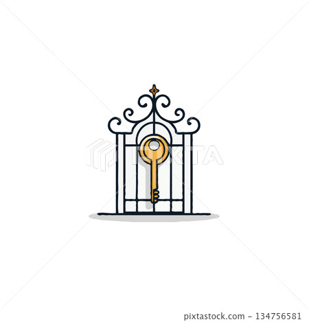A stylized whimsical illustration of an ornate gate with a golden key at its center showcasing 134756581