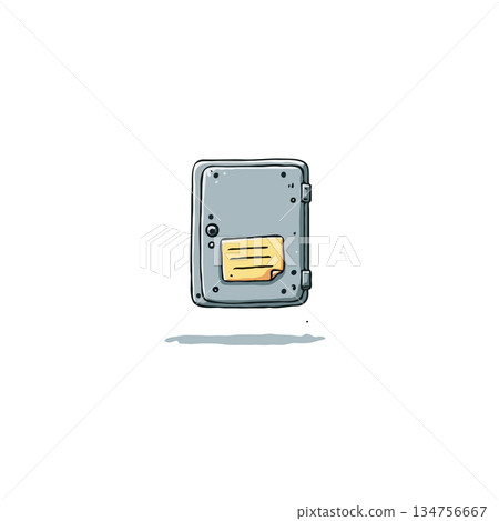 Whimsical depiction of a safe box with a sticky note attached artwork against a pristine white 134756667