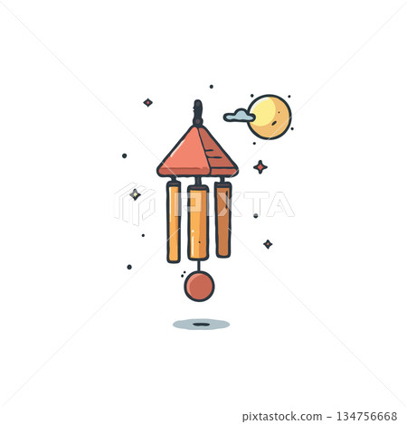 Charming evening serenity depicted through whimsical wind chime illustration with gentle light and Charming evening serenity depicted through whimsical wind chime illustration with gentle light and 134756668