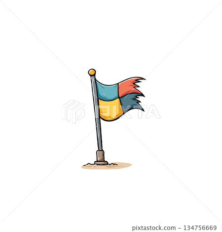 Cartoon flag illustration featuring vibrant colors and a playfully torn edge displayed against a 134756669