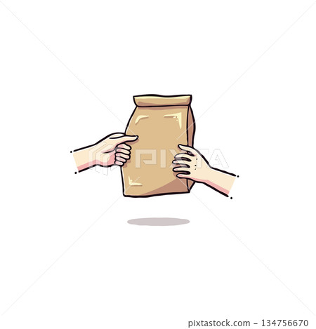 Cartoon illustration depicting hands exchanging brown paper bag embodying delivery or gifting Cartoon illustration depicting hands exchanging brown paper bag embodying delivery or gifting 134756670