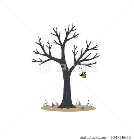 Solitary tree with bare branches against a stark white backdrop and a single insect illustration Solitary tree with bare branches against a stark white backdrop and a single insect illustration 134756672
