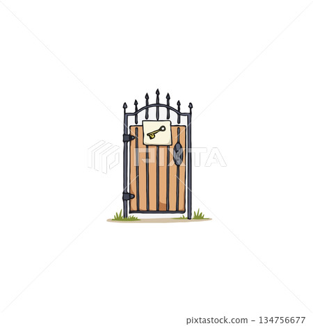Whimsical portal sketch with secured lock and golden key as illustration in a minimalistic style 134756677