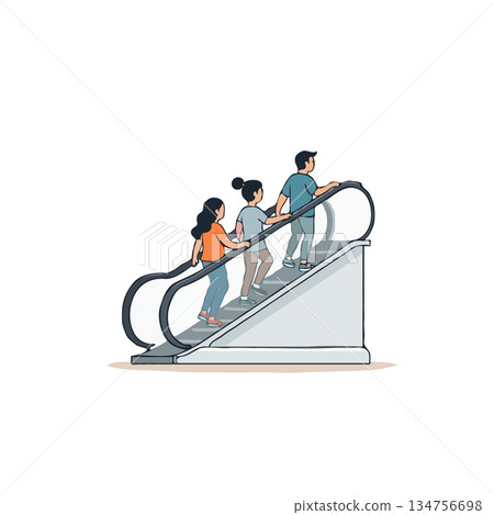 Ascending the mechanical stairs a trio navigates upward, illustrating pedestrian transit and 134756698
