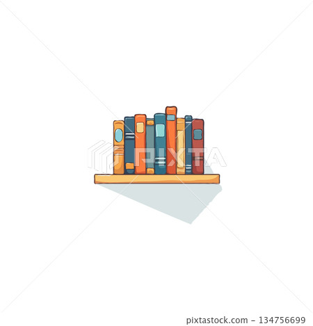 Colorful books neatly arranged on a wooden shelf casting a shadow provides aesthetic appeal and Colorful books neatly arranged on a wooden shelf casting a shadow provides aesthetic appeal and 134756699