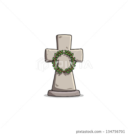 A simple yet evocative illustration of a tombstone adorned with a laurel wreath symbolizing 134756701