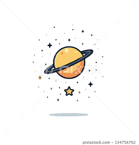 Illustration depicting a cartoon planet with a ring surrounded by various celestial stars in outer 134756702