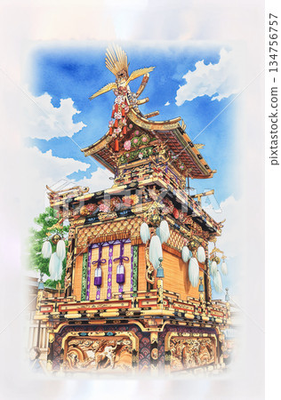 Gorgeously decorated floats at Takayama Festival, watercolor and pen drawings Gorgeously decorated floats at Takayama Festival, watercolor and pen drawings 134756757