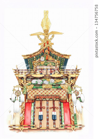 高山祭上裝飾華麗的花車,水彩和鋼筆畫 高山祭上裝飾華麗的花車,水彩和鋼筆畫 134756758