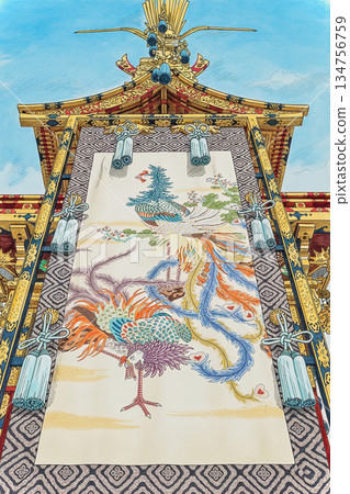 高山祭上裝飾華麗的花車，水彩和鋼筆畫 134756759