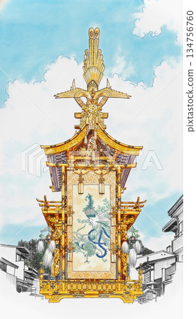 高山祭上裝飾華麗的花車，水彩和鋼筆畫 134756760