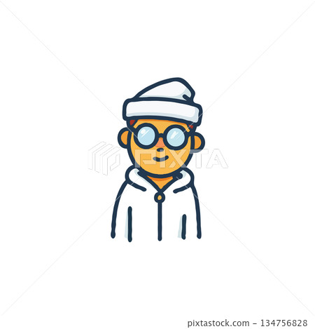 Whimsical illustration of a character in winter attire displaying friendly facial expression and 134756828
